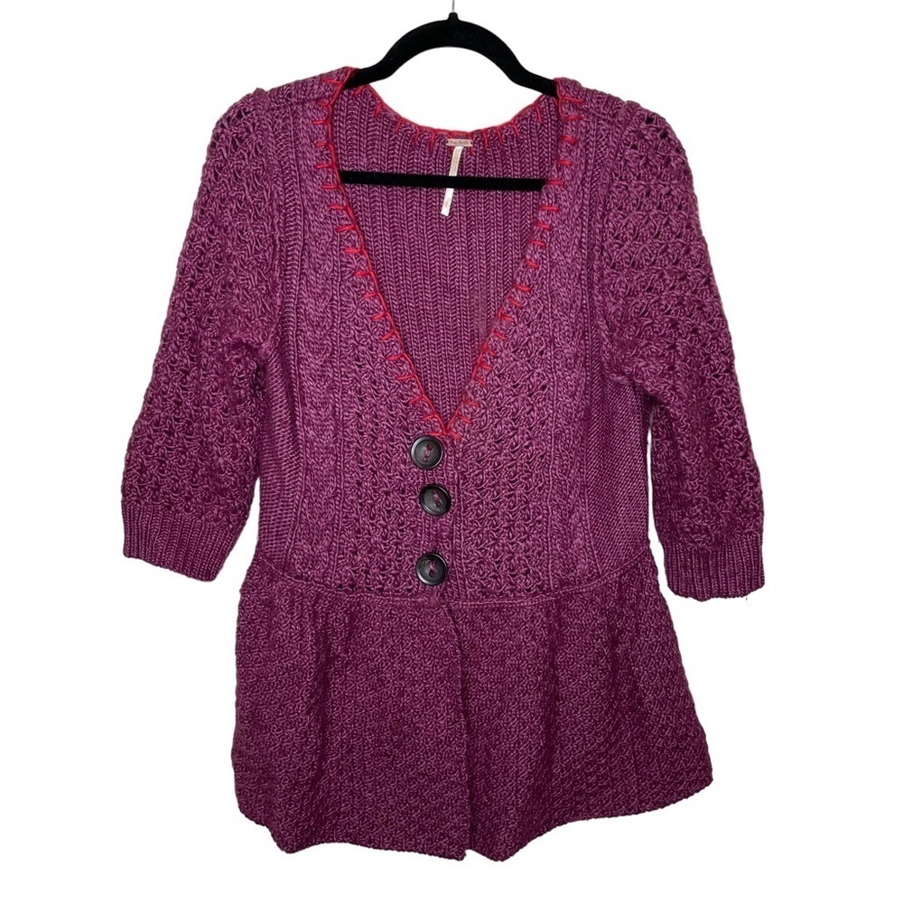 Free People Wool Chunky Cable Knit Peplum‎ Cardigan Sweater Large